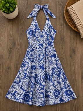 Spense Blue White Floral Halter Dress A-Line Summer Vacation Sundress